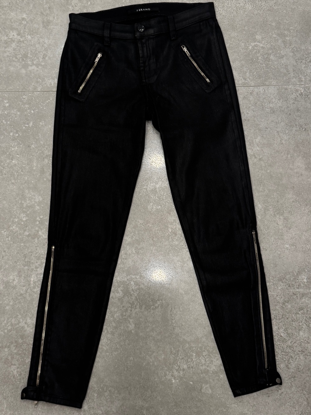 J Brand Black Skinny Coated Jeans with Zip Accents
